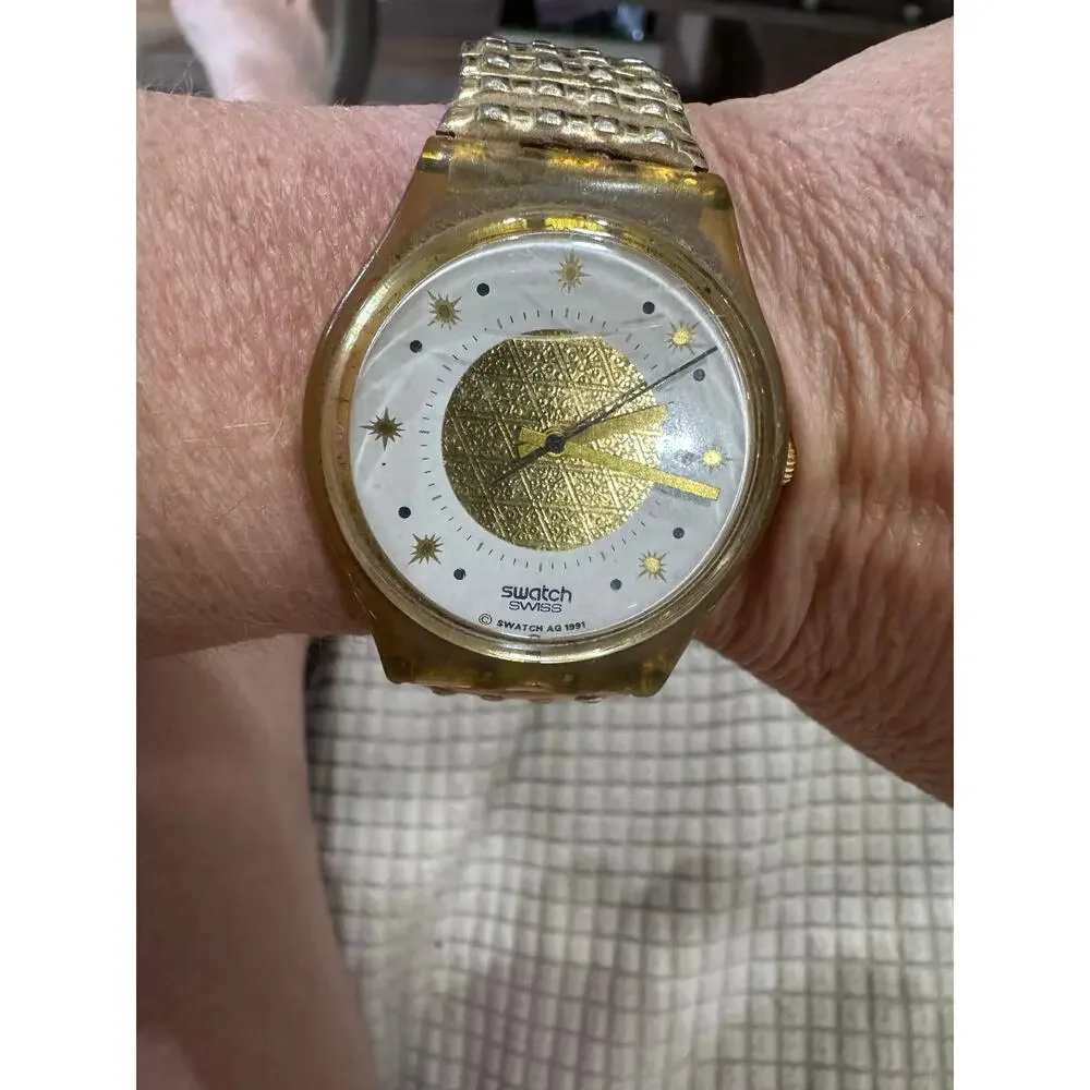 Vintage 1991 Swatch Swiss Watch | Gold Dial & Stretch Band | New Battery | Runs
